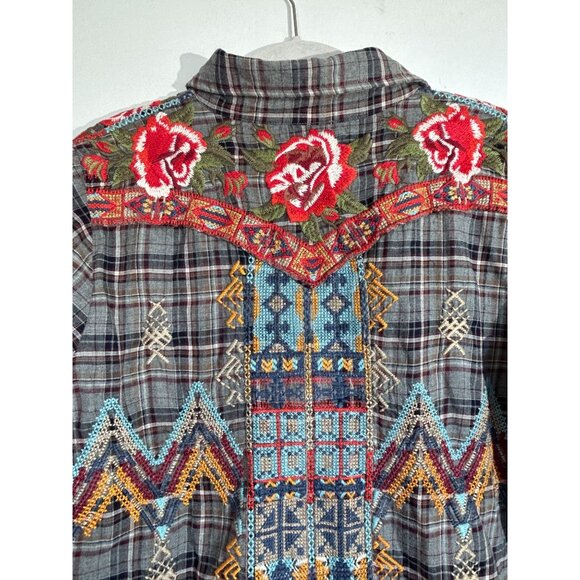 Johnny Was Multicolor Plaid Flannel Floral Long Sleeve Snap Front Tunic - Sz M - Picture 3 of 6